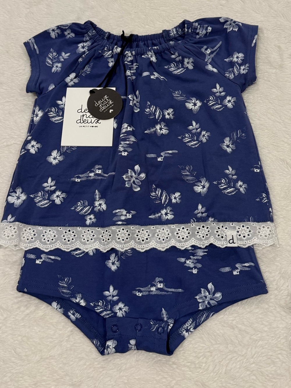 deux par deux Navy Blue Floral Lace-Trim Romper Set